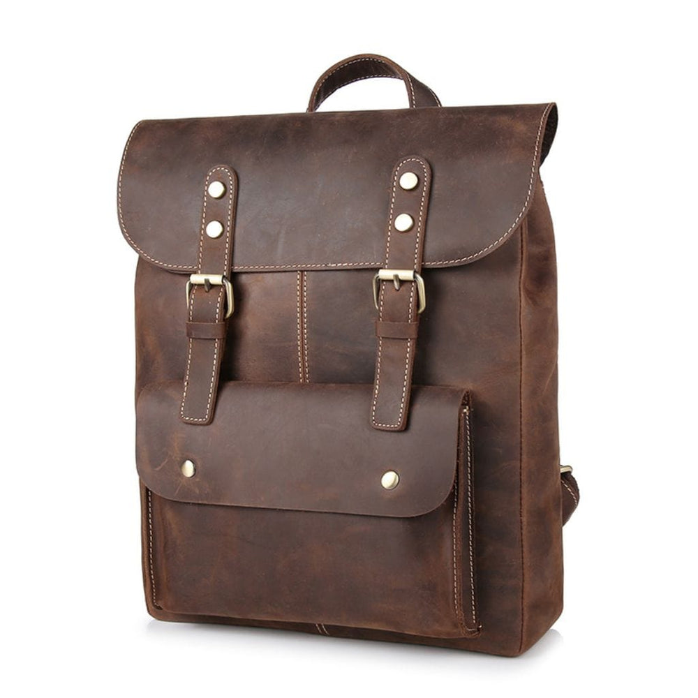 Mochila De Piel Pátina Lutum Imagen lateral de una mochila de lujo de cuero marrón de la marca Gentcreate