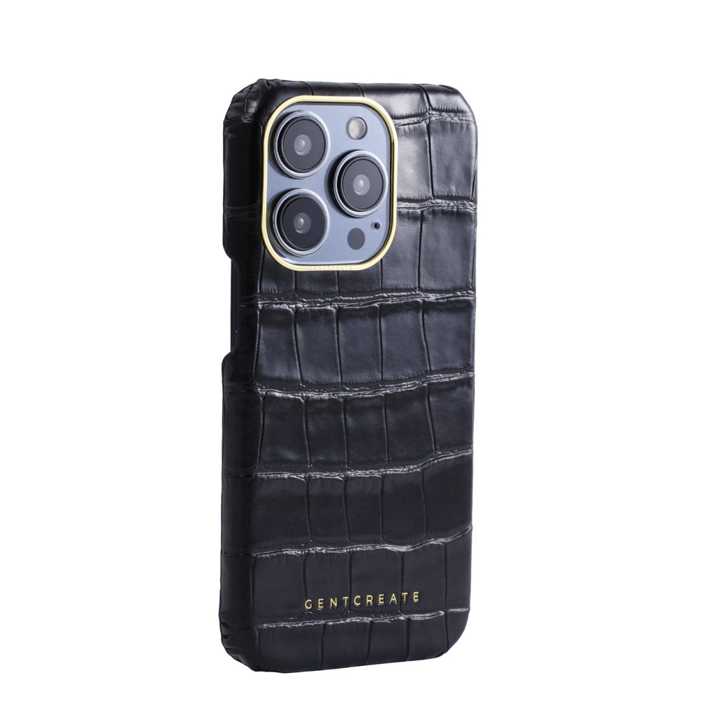 Leather iPhone Case Crocodile Pattern Crocodile Leather iPhone 16 Black Case from the Right Side