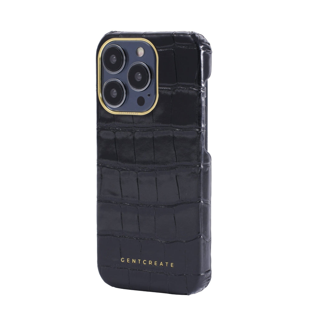Leather iPhone Case Crocodile Pattern Crocodile Leather iPhone 16 Black Case from the Side