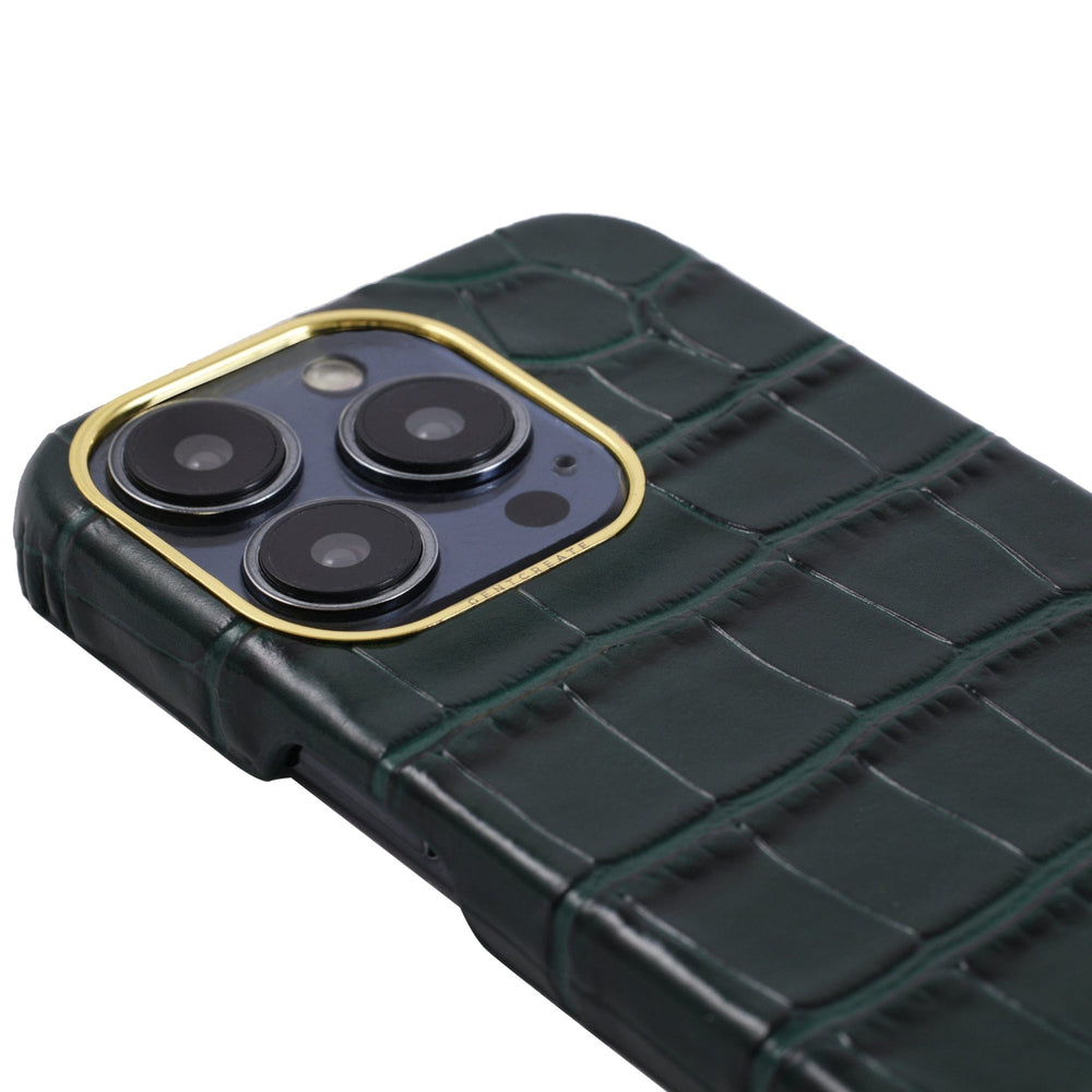 Leather iPhone Case Crocodile Pattern Close-up picture of the Green Crocodile iPhone 15 Pro Case from the Gentcreate luxury fashion accessory brand.