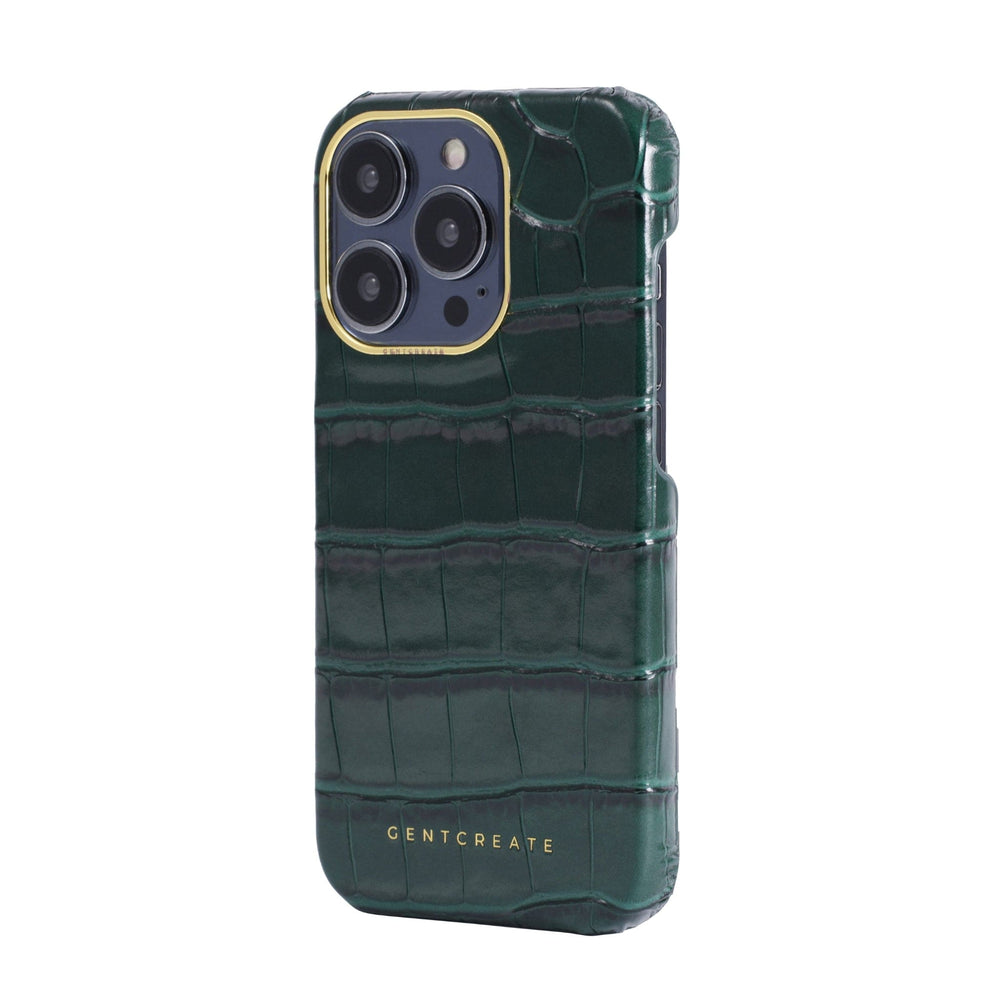 Leather iPhone Case Crocodile Pattern Green Crocodile iPhone Case from the Gentcreate brand, viewed from the left side.