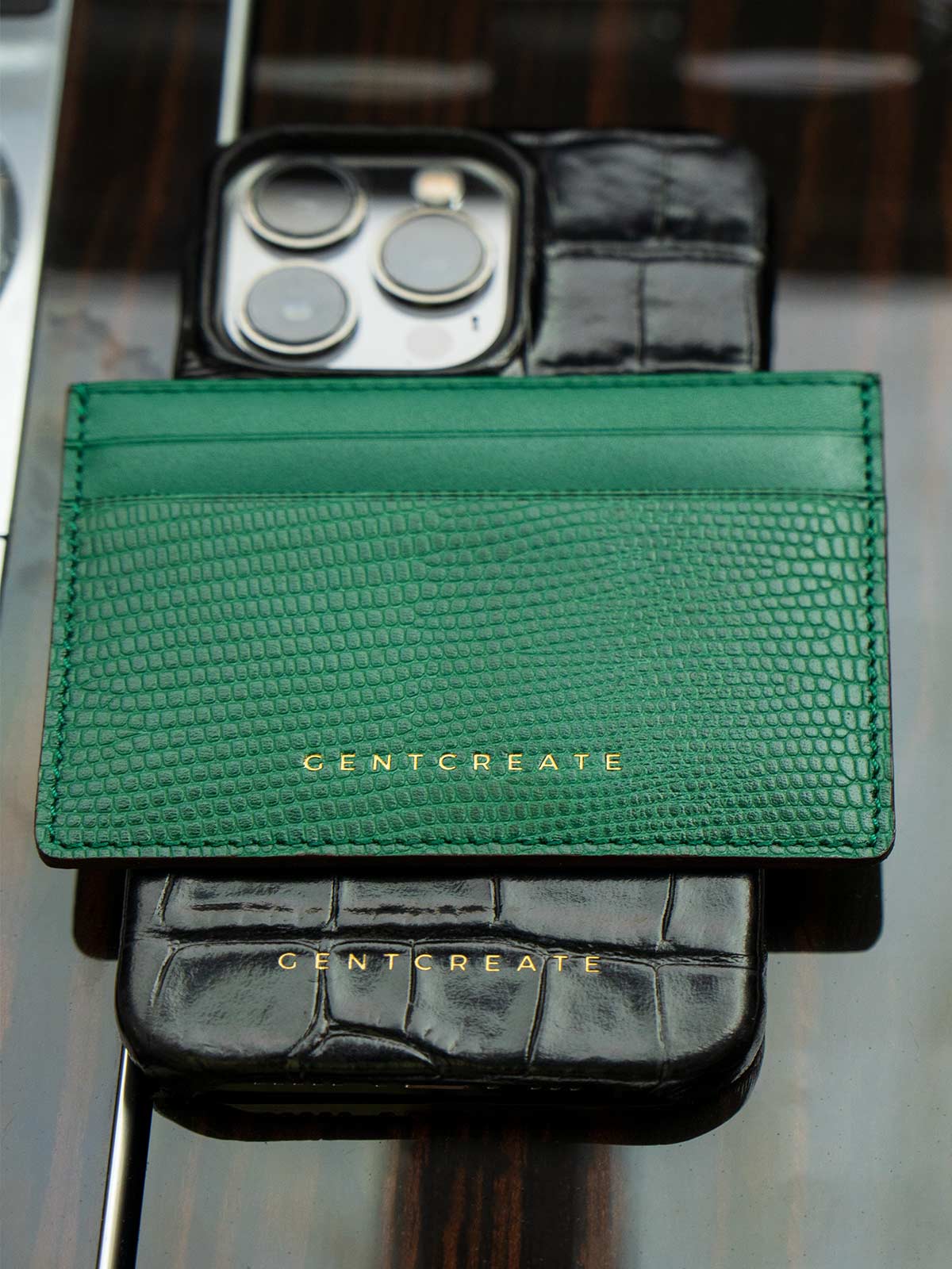 Green Leather Card Holder & Black Leather iPhone 14 Case - GENTCREATE Green Leather Card Holder & Black Leather iPhone 14 Case - GENTCREATE