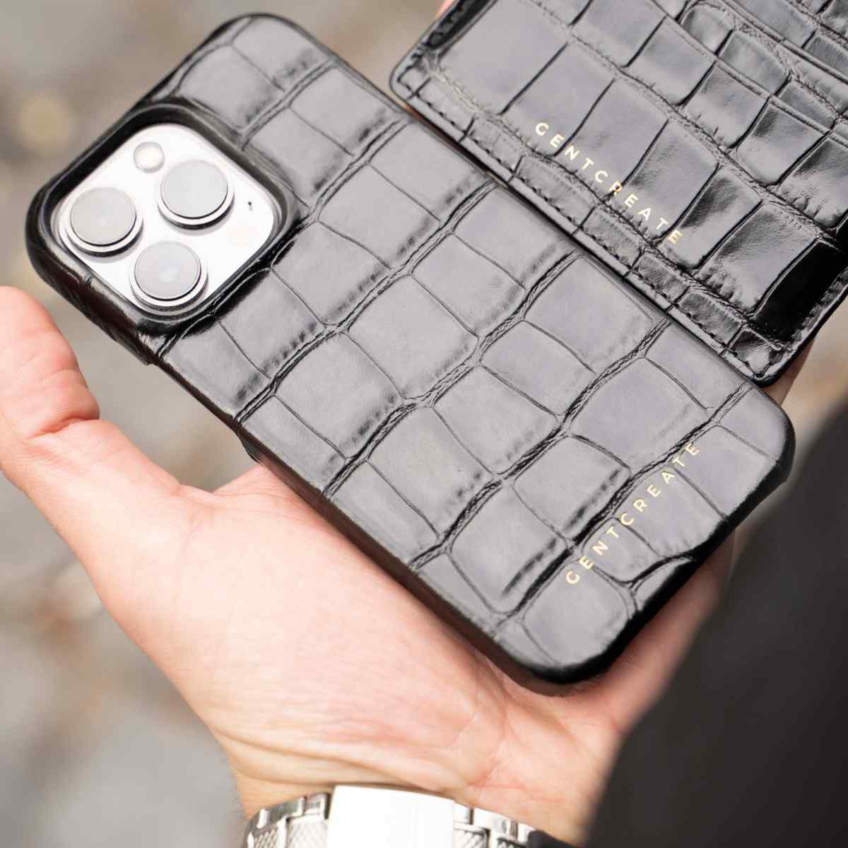 Man Holding Glossy Black Leather iPhone 11 Pro Max Case By Gentcreate Man Holding Glossy Black Leather iPhone 11 Pro Max Case By Gentcreate