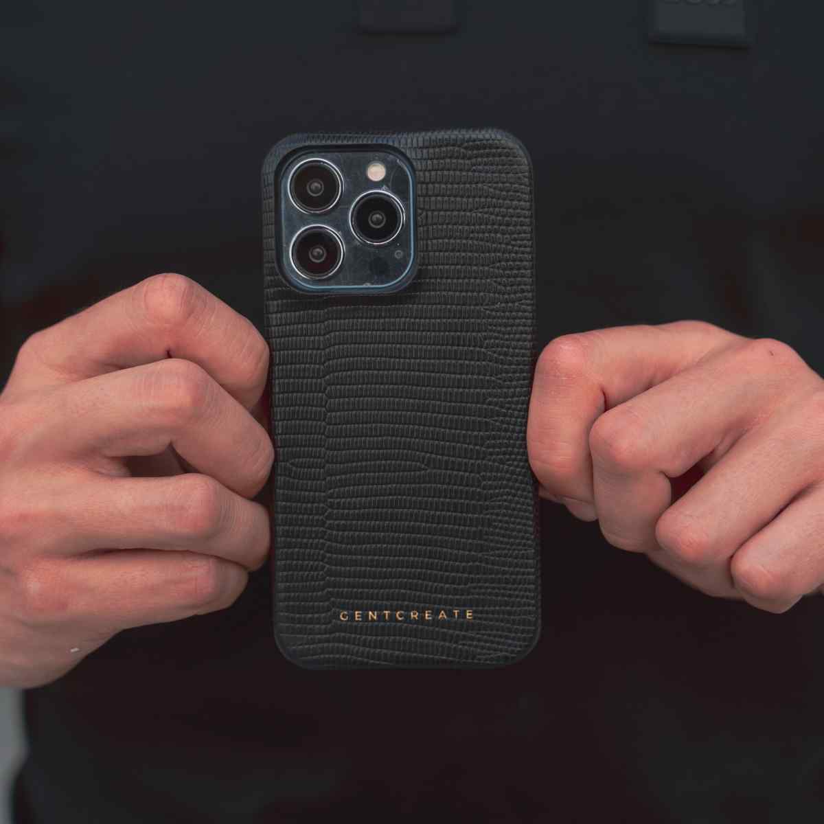 Man Holding Black Saffiano Lizard Pattern iPhone 14 Pro Max Case By Gentcreate Man Holding Black Saffiano Lizard Pattern iPhone 14 Pro Max Case By Gentcreate