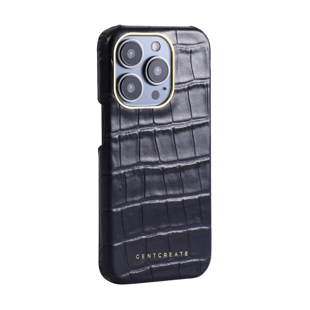 Leather iPhone Case Crocodile Pattern Dark Navy Crocodile iPhone 14 Pro Max Case from the Gentcreate brand, viewed from the right side