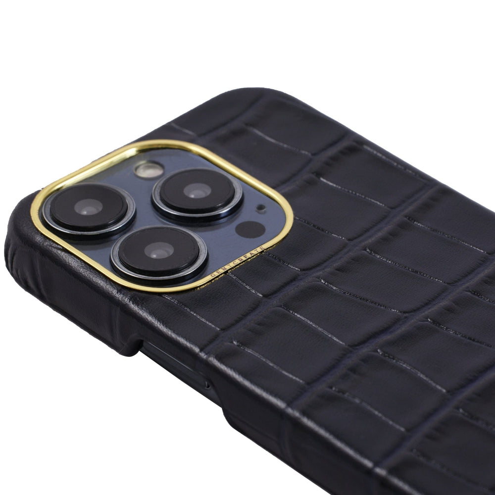 Leather iPhone Case Crocodile Pattern Close-up picture of the Dark Navy Crocodile iPhone 15 Pro Max Case