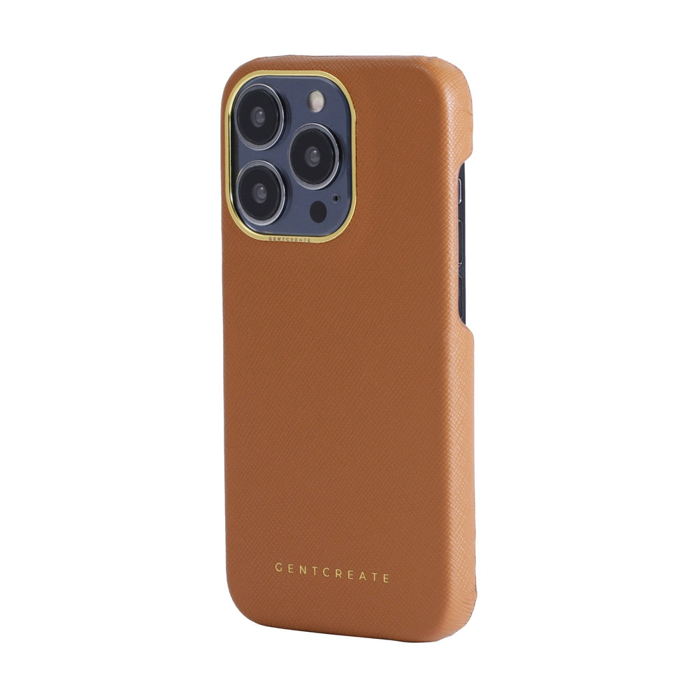 Saffiano Leather iPhone Case Saffiano Leather iPhone 15 Pro Max Brown Case with a Golden Camera Frame from the Gentcreate brand, photographed from the left side.