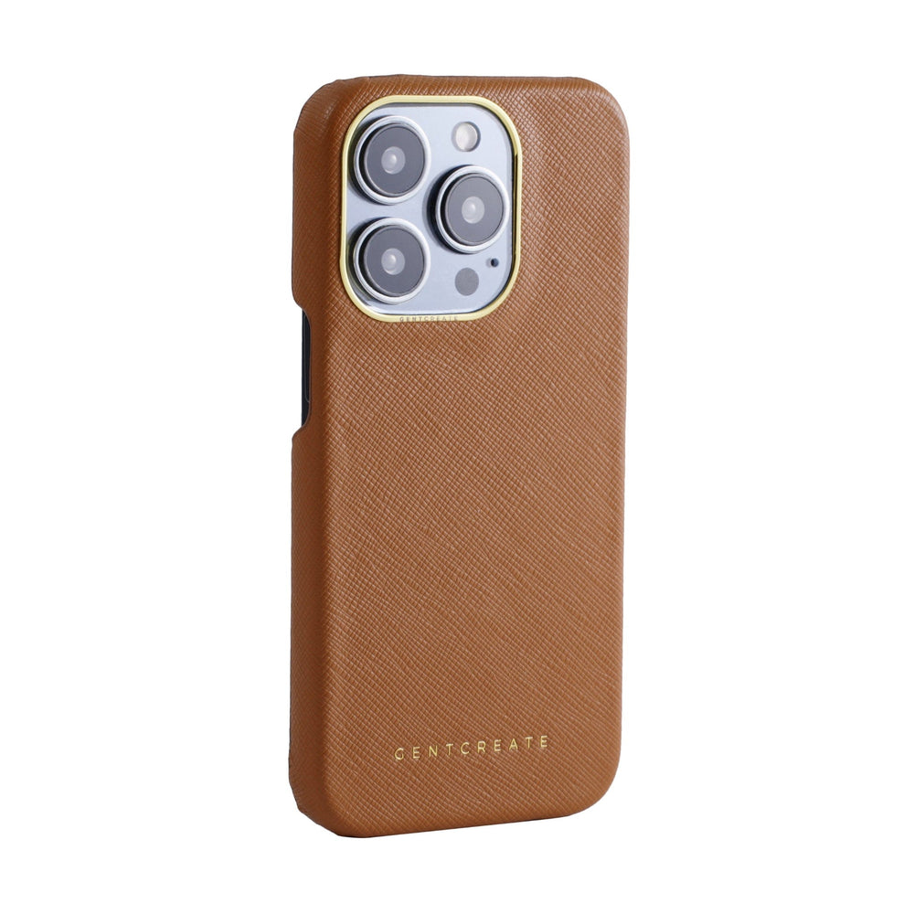 Saffiano Leather iPhone Case Saffiano Leather iPhone 15 Pro Max Honey Brown Case with a Golden Camera Frame from the Gentcreate brand, photographed from the right side