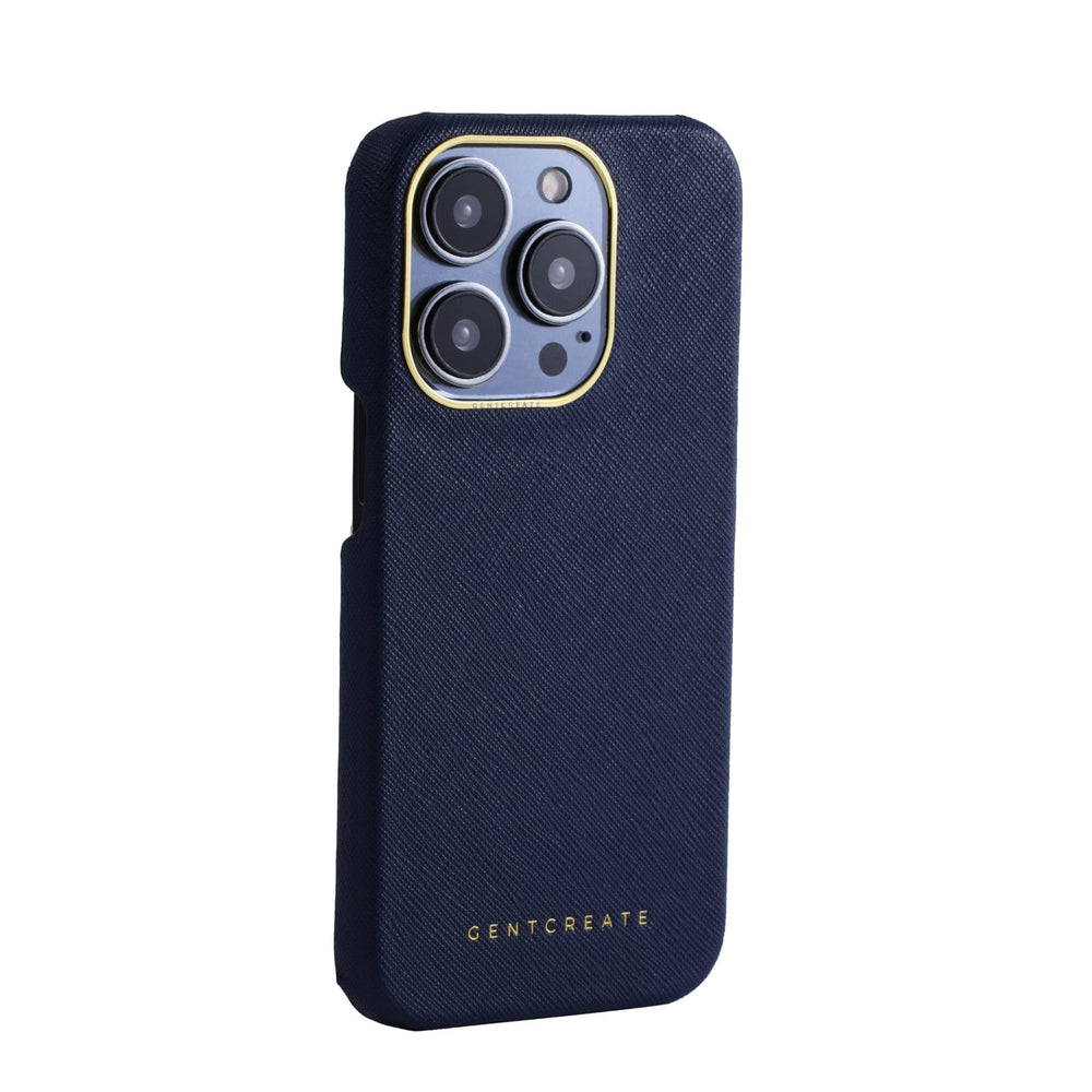 Saffiano Leather iPhone Case Saffiano Leather iPhone 15 Pro Max Case with a Golden Camera Frame from the Gentcreate brand, photographed from the right side in profile.