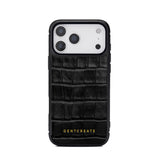 Black 17 pro crocodile-patterned phone case with 'GENTCREATE' branding on a white background