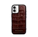 Burgundy crocodile-patterned phone case with 'GENTCREATE' branding on a white background
