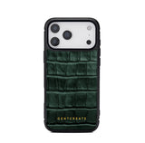 Green 17 pro crocodile-patterned phone case with 'GENTCREATE' branding on a white background