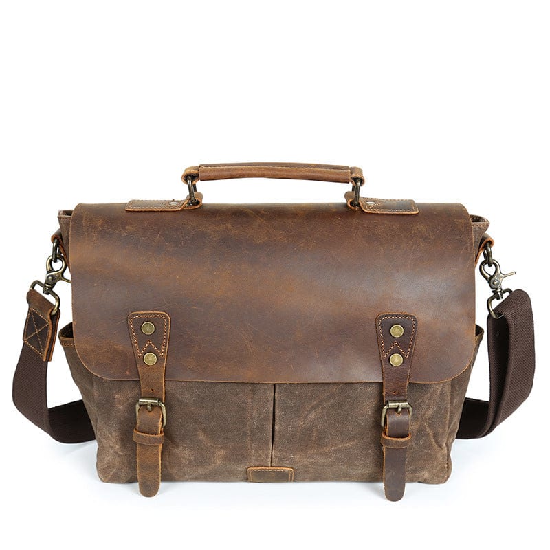 Waxed Canvas Messenger Bag Leather Shoulder Briefcase - Khaki