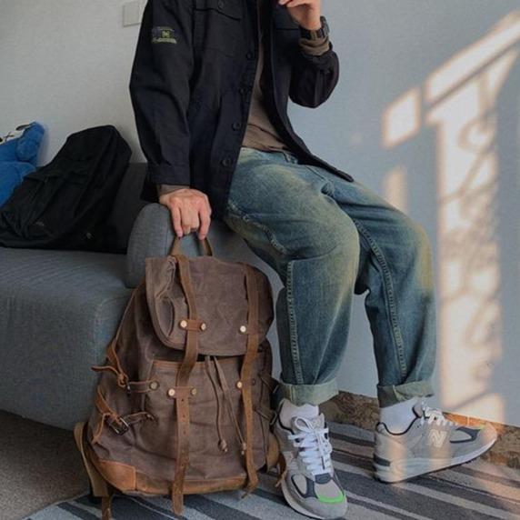 Retro Backpack Esme Retro Backpack "Esme" Gray Color Man Holds It - Gentcreate