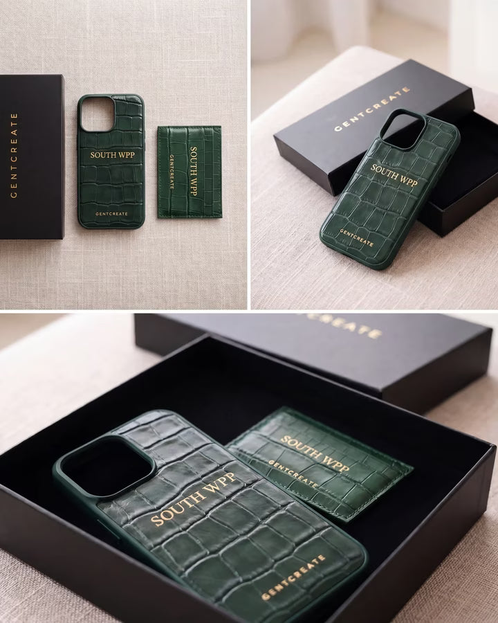 South WPP × GENTCREATE green crocodile MagSafe iPhone case + matching cardholder set in branded GENTCREATE black presentation box, gold-foil SOUTH WPP wordmark