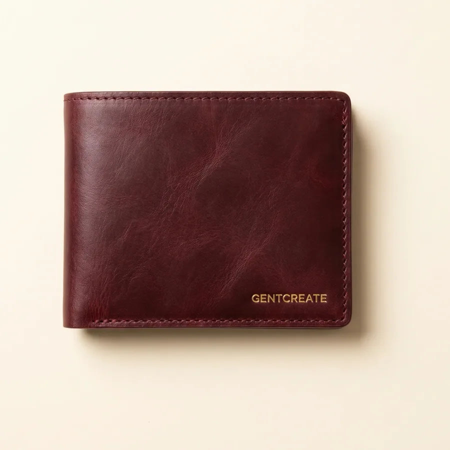 Carteira bifold heritage em pele de flor integral, fechada, em bordeaux