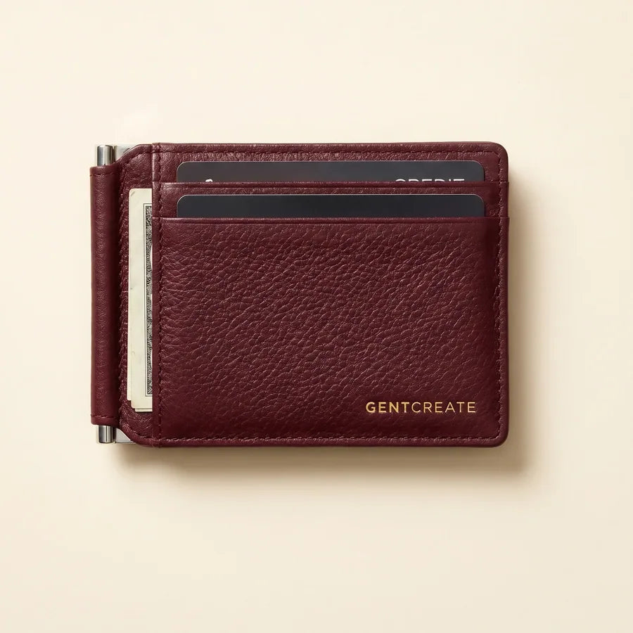 Carteira bifold com clipe, com um clipe metálico ao longo do bordo e ranhuras para cartões na face