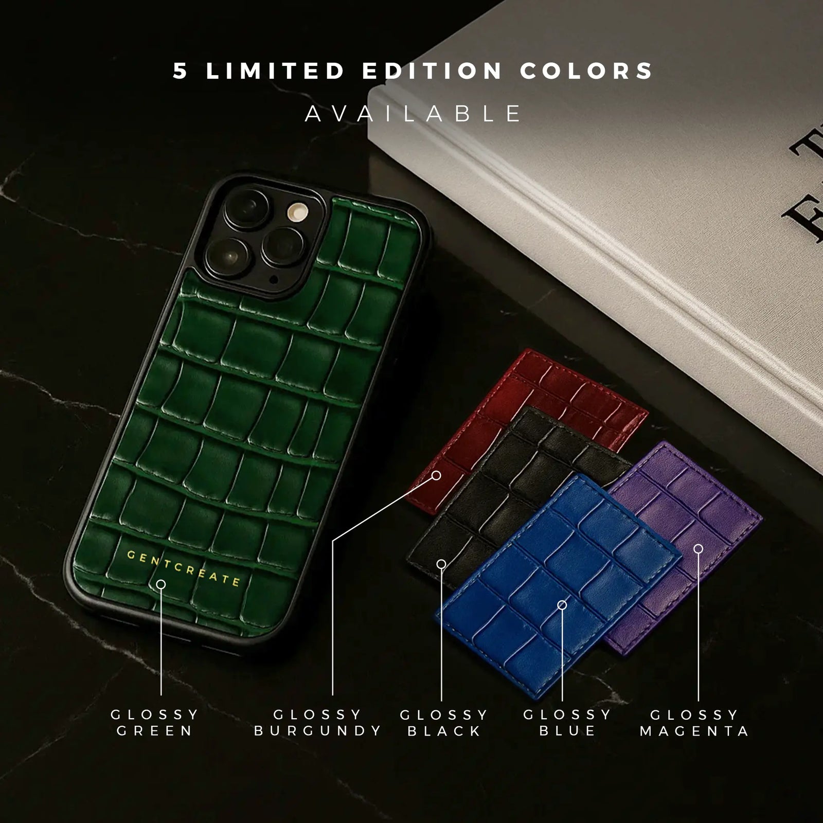Green GENTCREATE crocodile pattern leather iPhone case with color options labeled on a dark surface