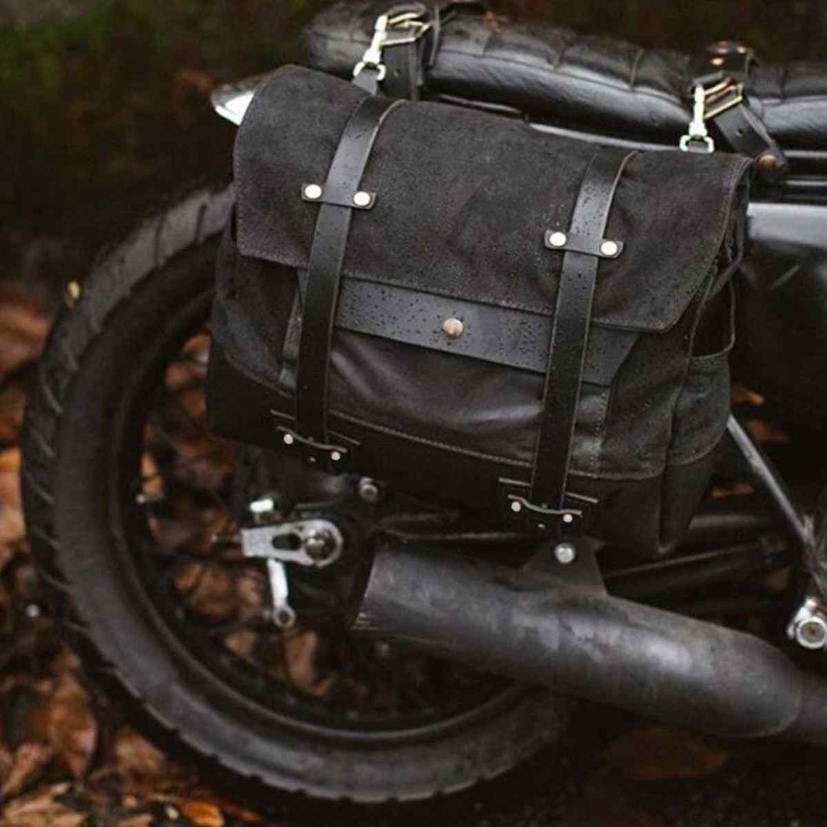 Black Vintage Motorcycle Bag Attached to Motorcycle
