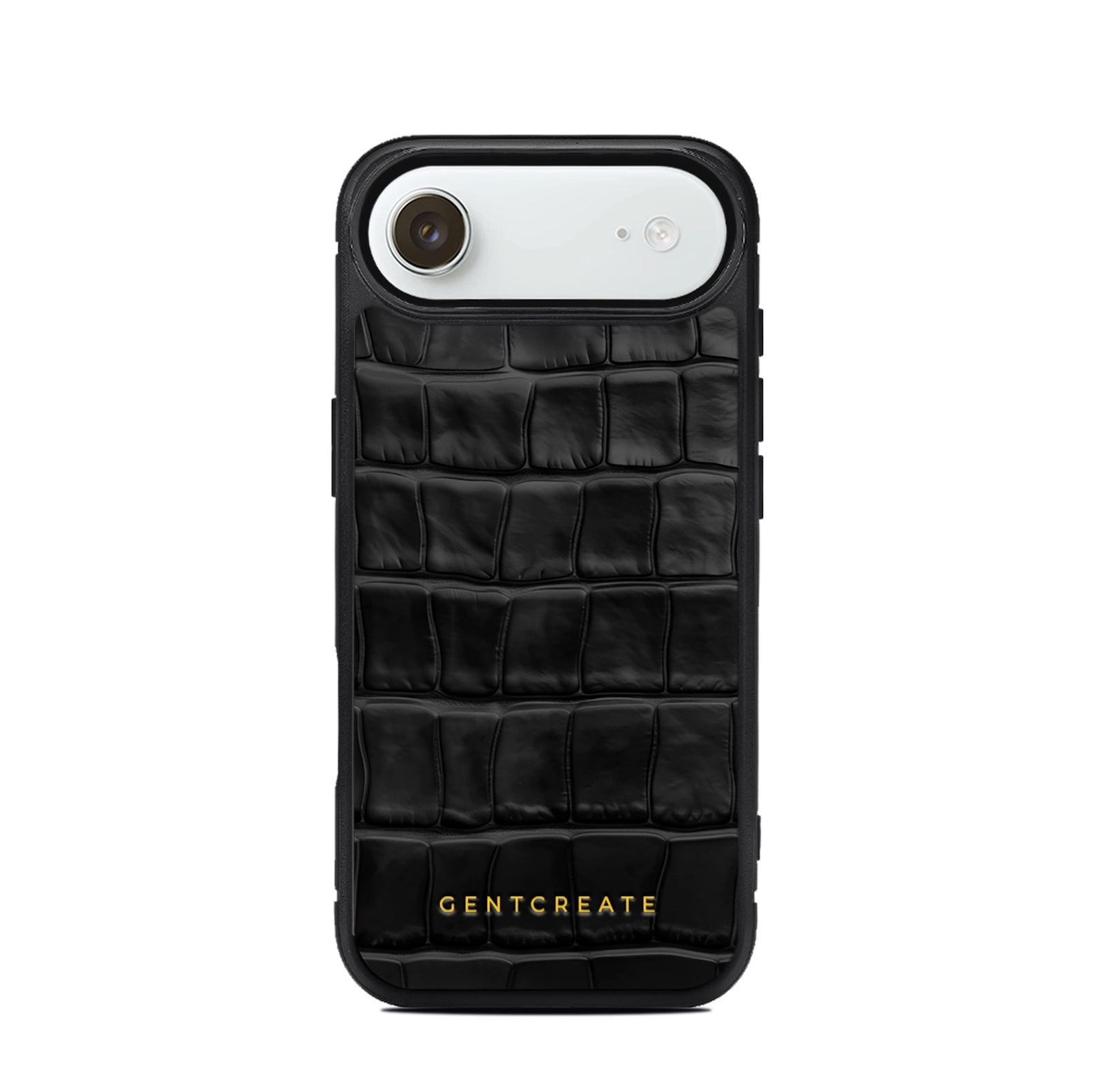 Black iPhone 17 Air textured phone case with 'GENTCREATE' branding on a white background