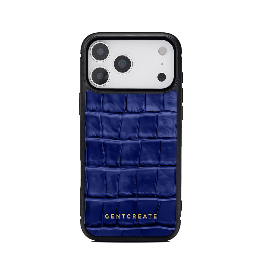 Blue 17 pro crocodile-patterned phone case with 'GENTCREATE' branding on a white background