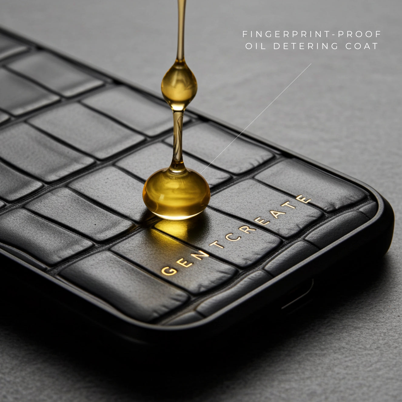 Phone case with oil droplet demonstrating fingerprint-proof oil-deterrent coating