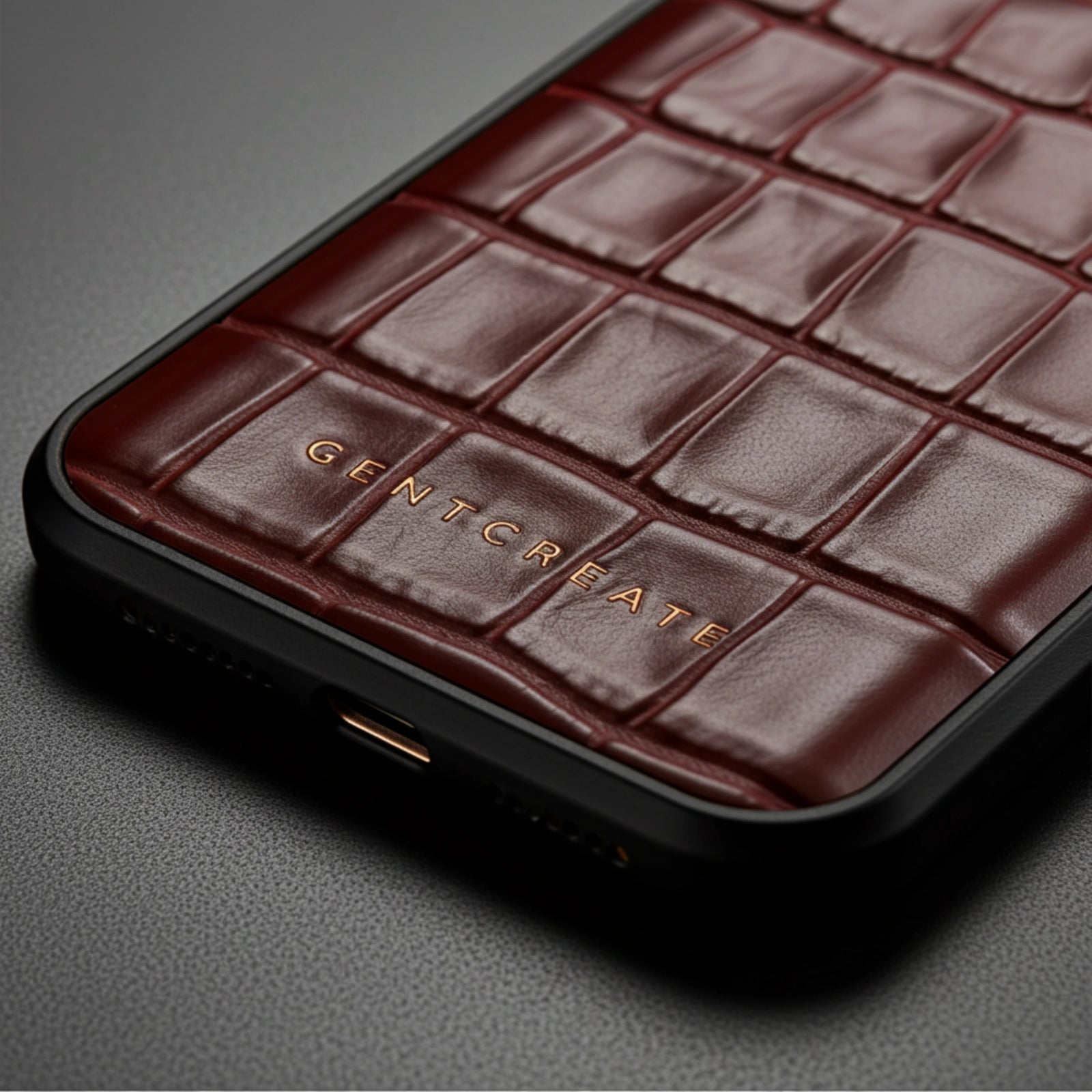 Brown textured phone case with 'GENTCREATE' branding on a dark background