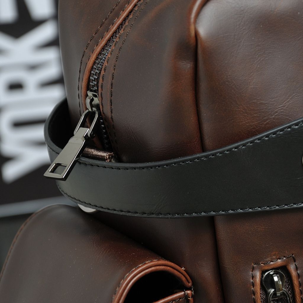Close up picture of leather bag zipper