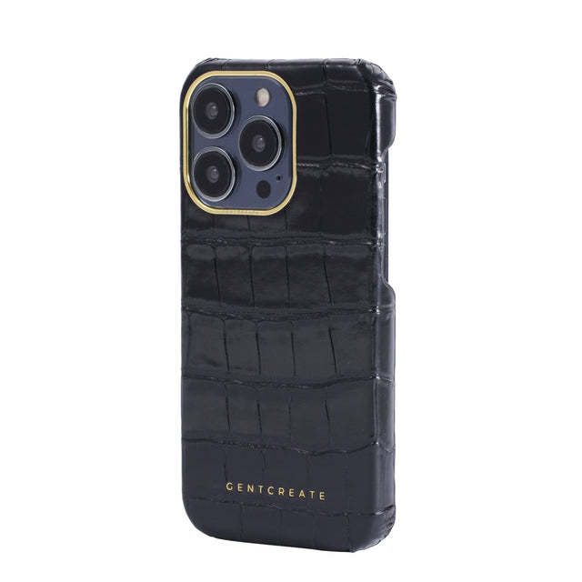크로커다일 가죽 아이폰 16 블랙 케이스 측면에서