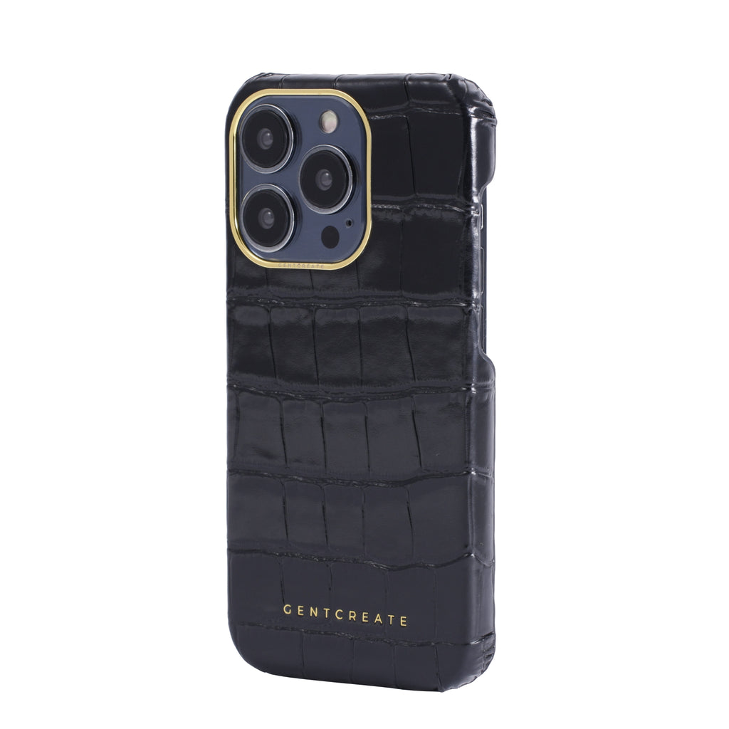 Crocodile Leather iPhone 16 Black Case from the Side