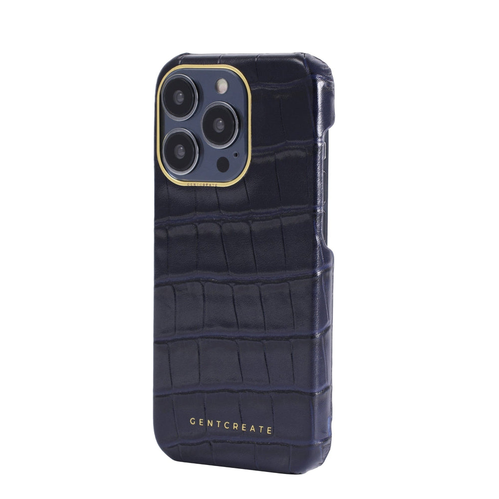 Dark Navy Crocodile iPhone 14 Pro Max Case from the Gentcreate brand, viewed from the left side