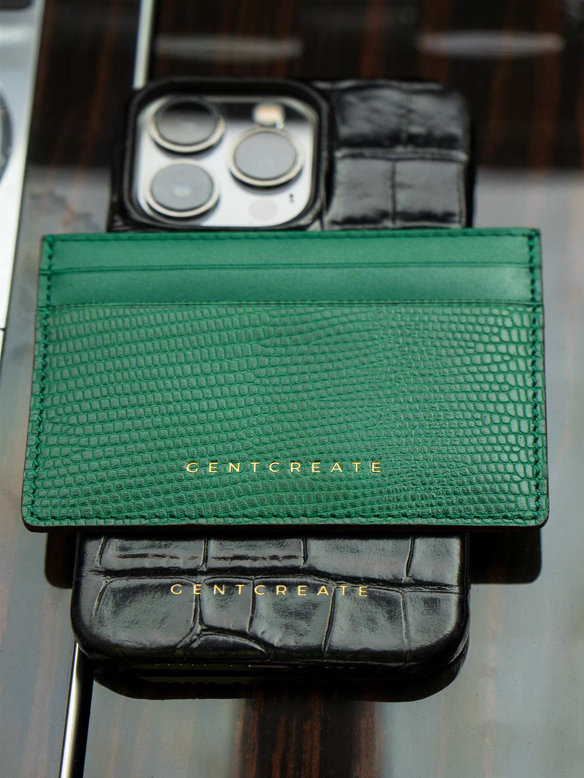 Green Leather Card Holder & Black Leather iPhone 14 Case - GENTCREATE