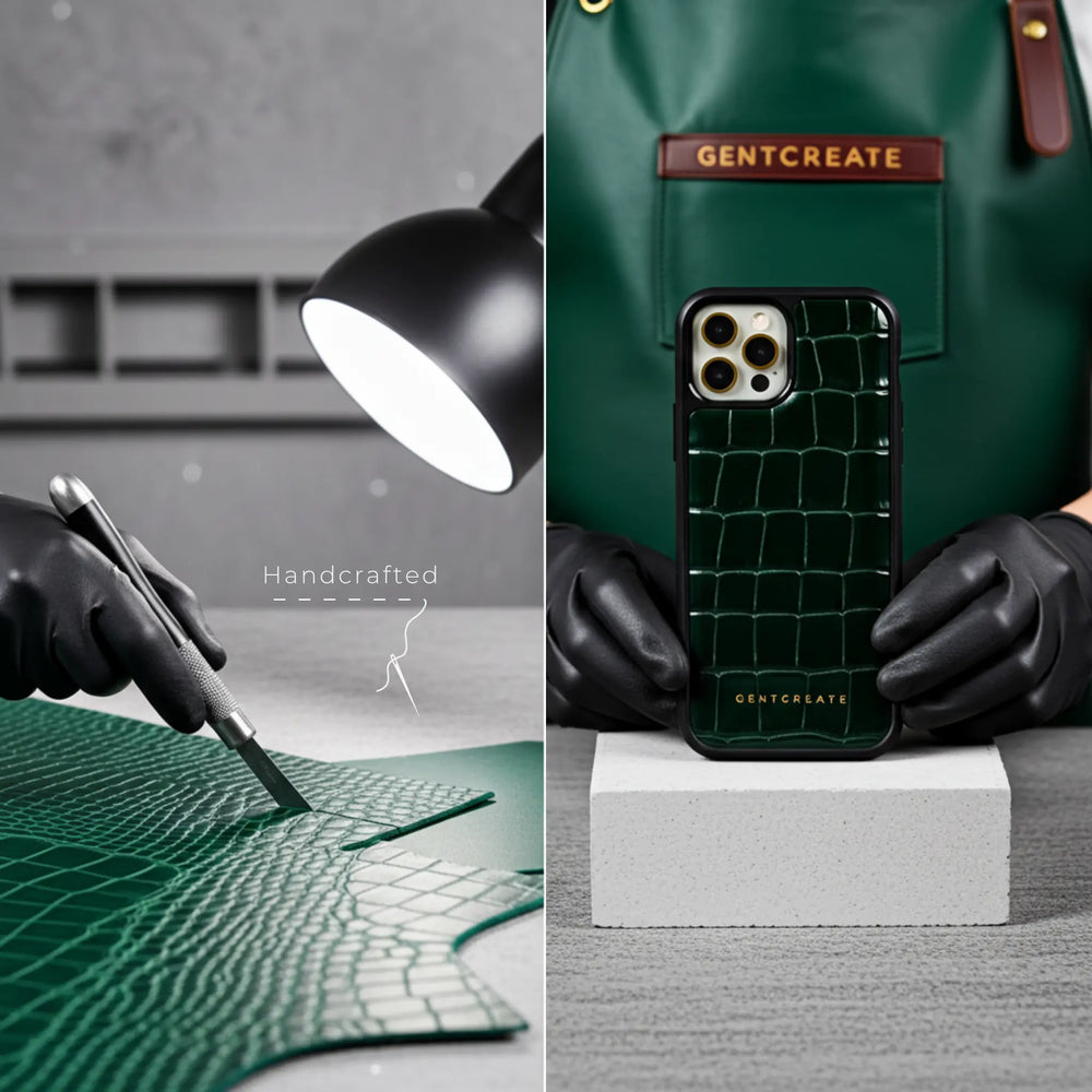Handcrafting a green crocodile leather iPhone case with 'GENTCREATE' branding.