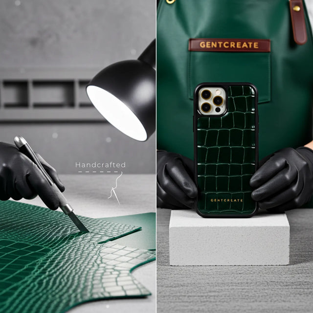녹색 악어 가죽 아이폰 케이스를 'GENTCREATE' 브랜드와 함께 수작업으로 제작 중입니다.