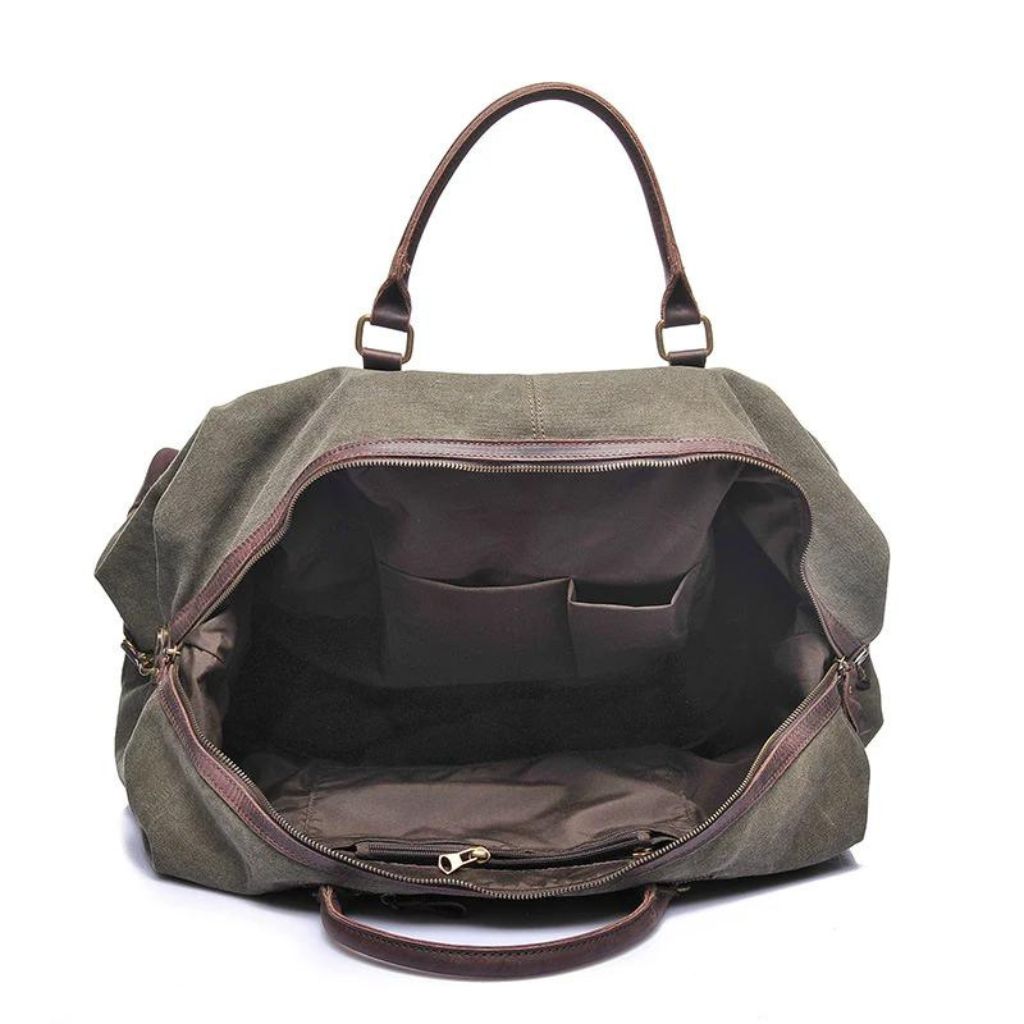 "Interior and pockets of a canvas duffle bag by Luxury Fashion Brand Gentcreate