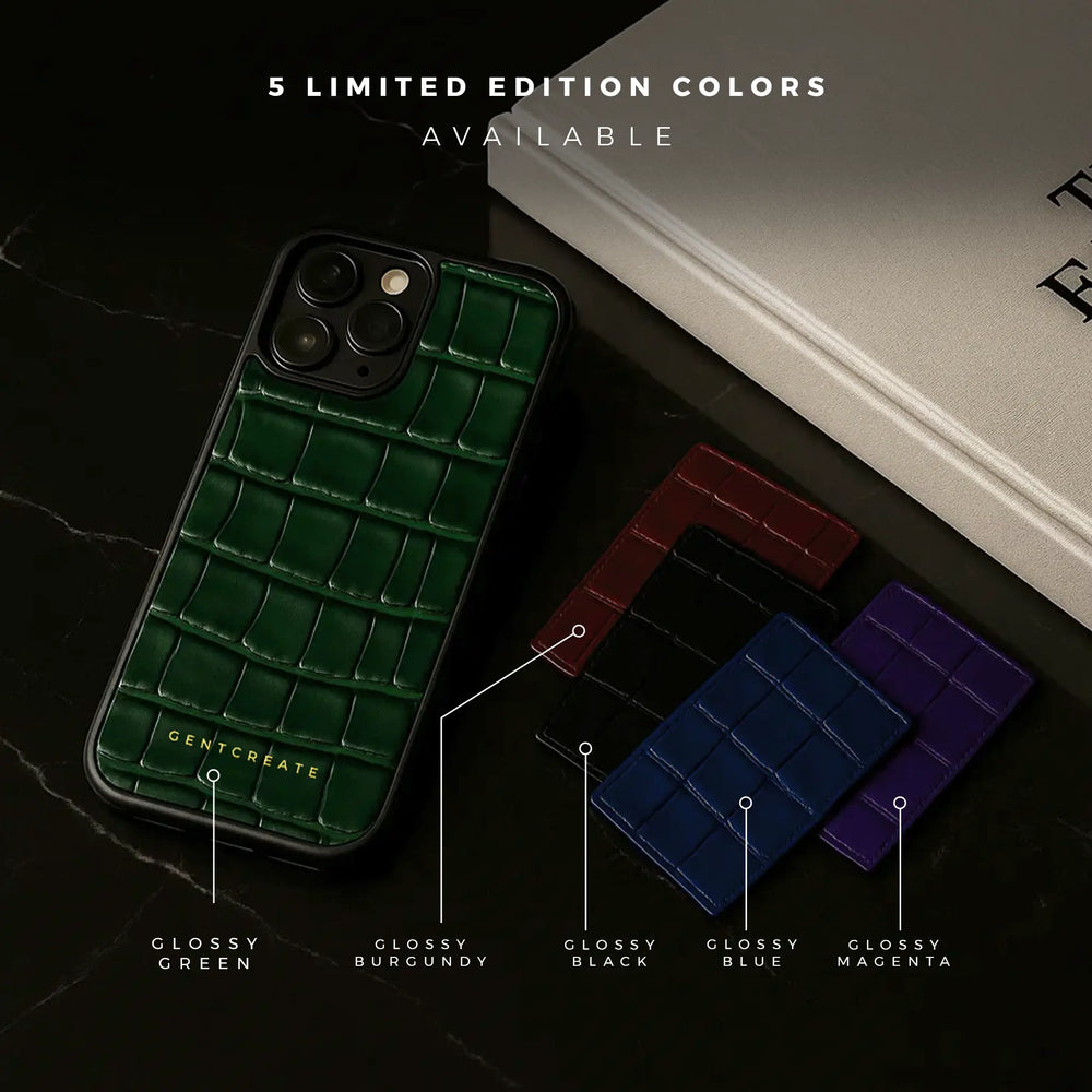 Green GENTCREATE crocodile pattern leather iPhone case with color options labeled on a dark surface