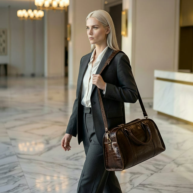 Woman in a suit walking through a marble hallway with a GENTCREATE brown crocodile leather bag.