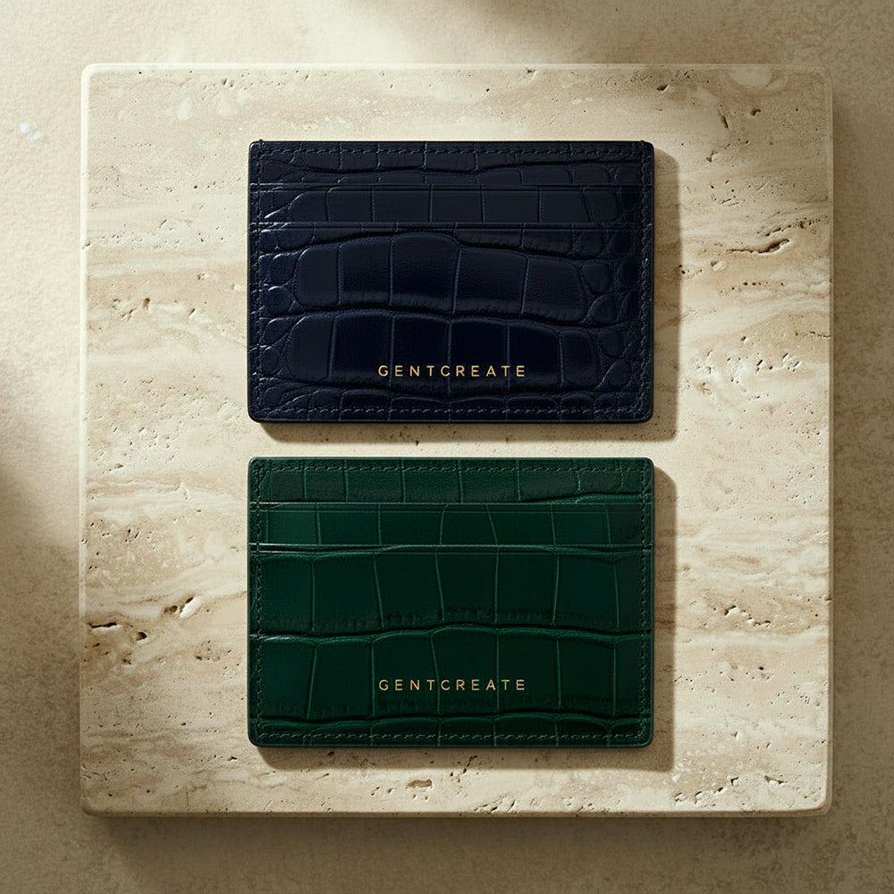 Blue navy crocodile leather cardholder and green crocodile cardholder by GENTCREATE laying flat on a beige surface