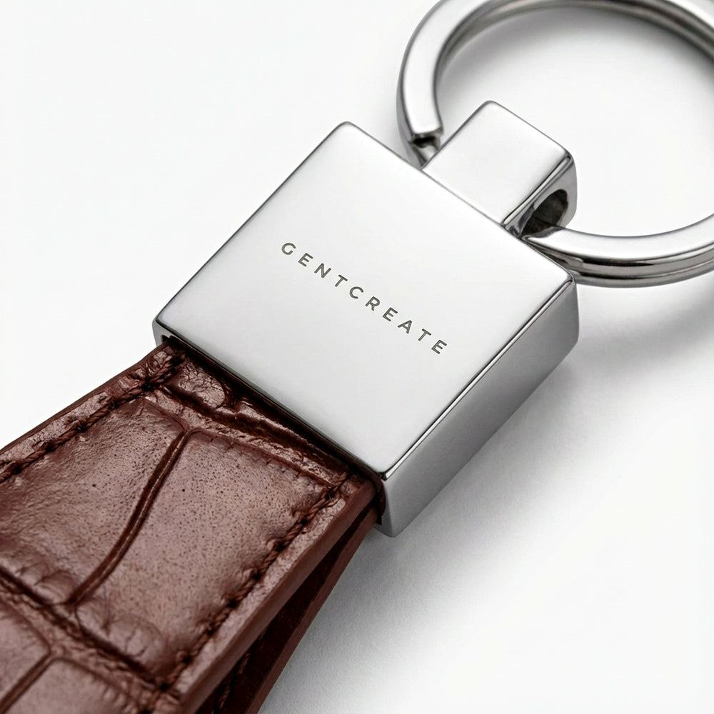 Brown crocodile full-grain leather keychain with a silver GENTCREATE logo on a white background