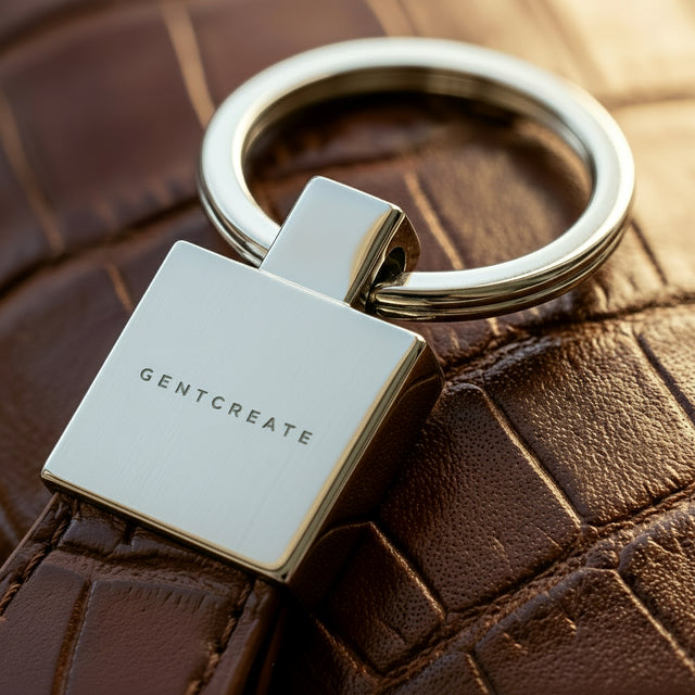 Burgundy crocodile leather keychain with GENTCREATE branding on a burgundy crocodile embossed surface