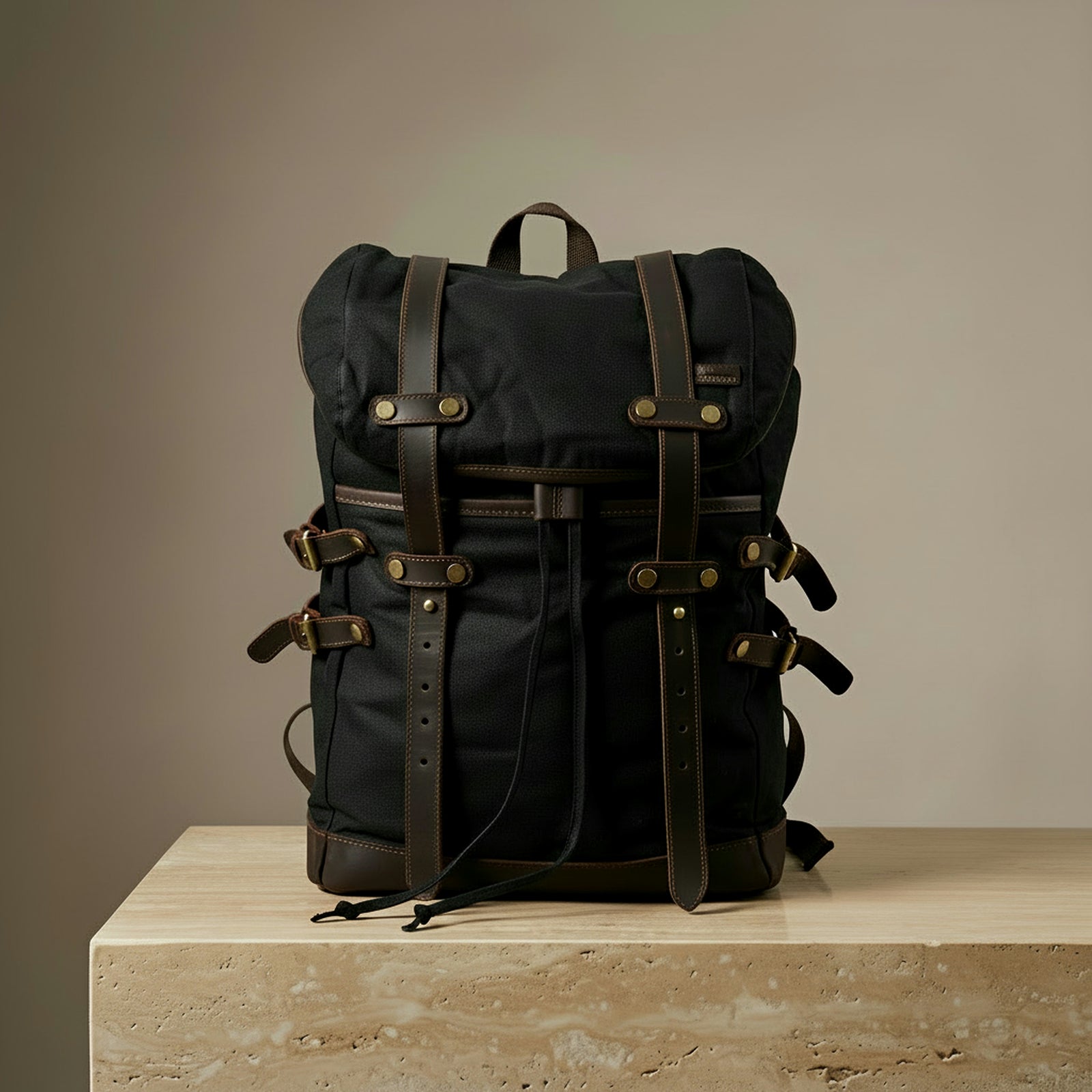 Black retro canvas backpack with leather straps