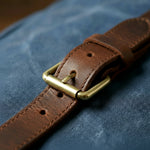 Close up navy blue canvas backpack for hiking