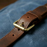 Close up navy blue canvas backpack for hiking