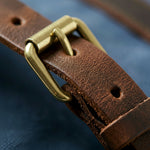 Macro photography of blue canvas retro backpack by GENTCREATE