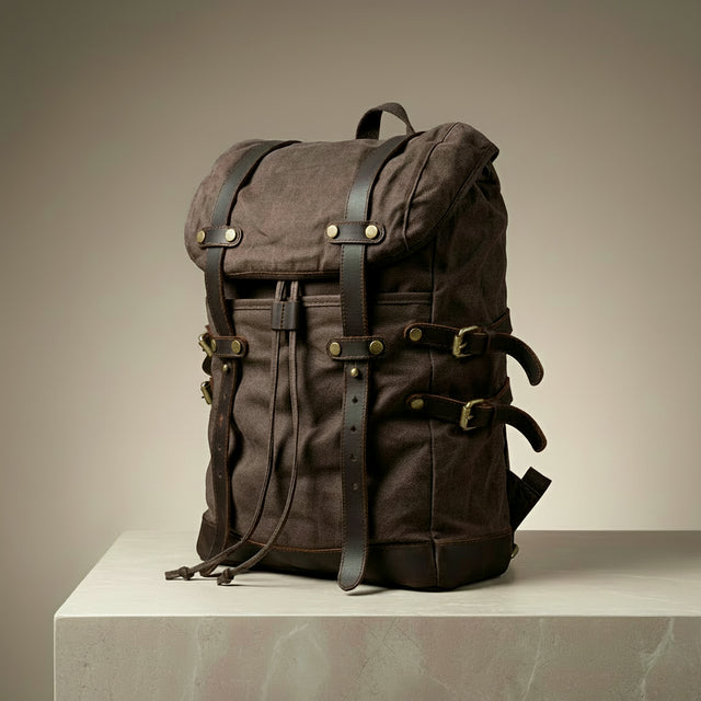 Brown backpack with leather straps on a neutral background
