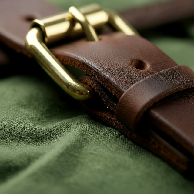 Waxed canvas backpack close-up of a brown leather strap with a gold buckle