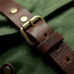 Green waxed canvas backpack leather strap buckle handmade by GENTCREATE