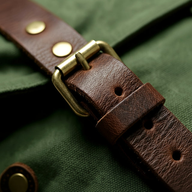 Green waxed canvas backpack leather strap buckle handmade by GENTCREATE