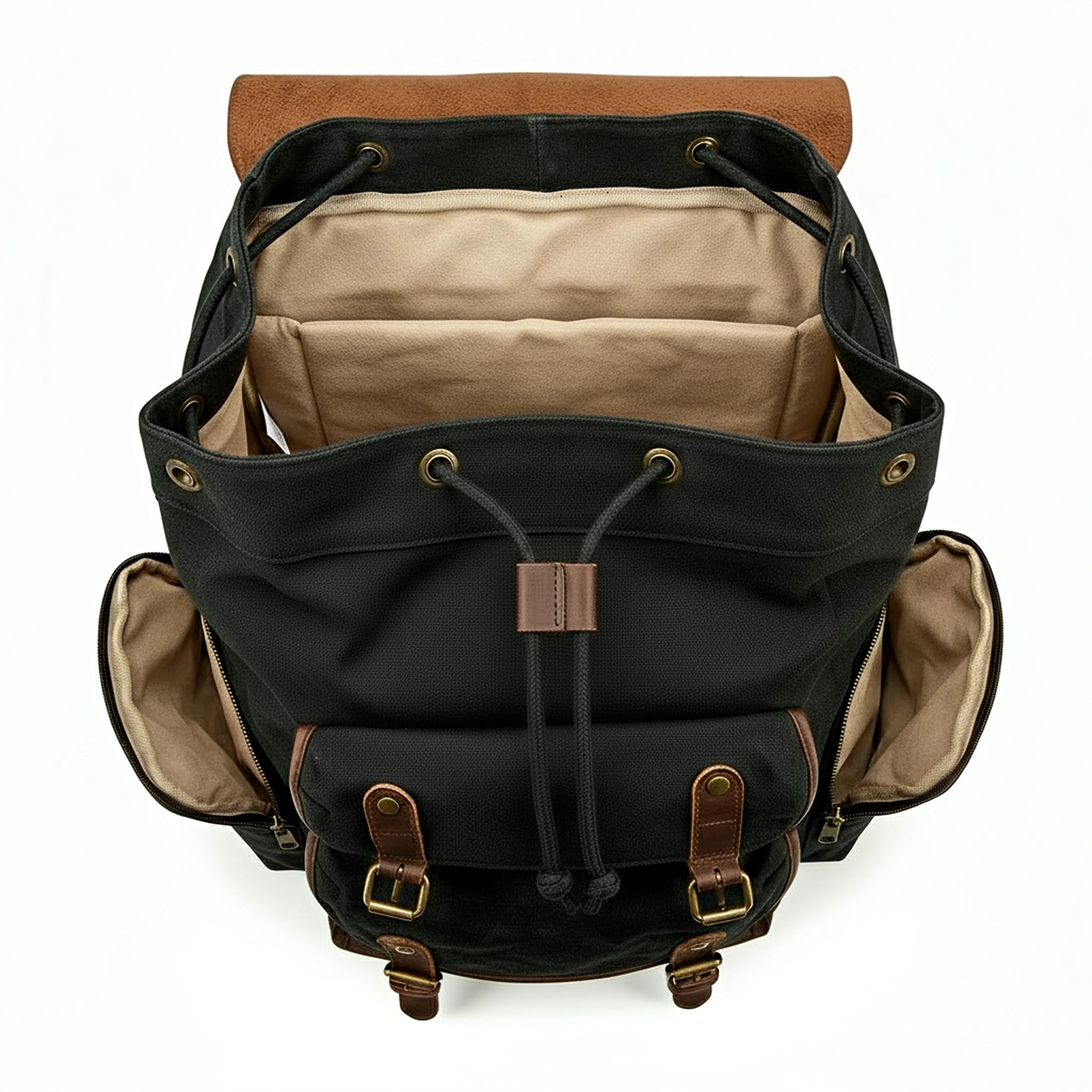 Black backpack with brown accents on a white background