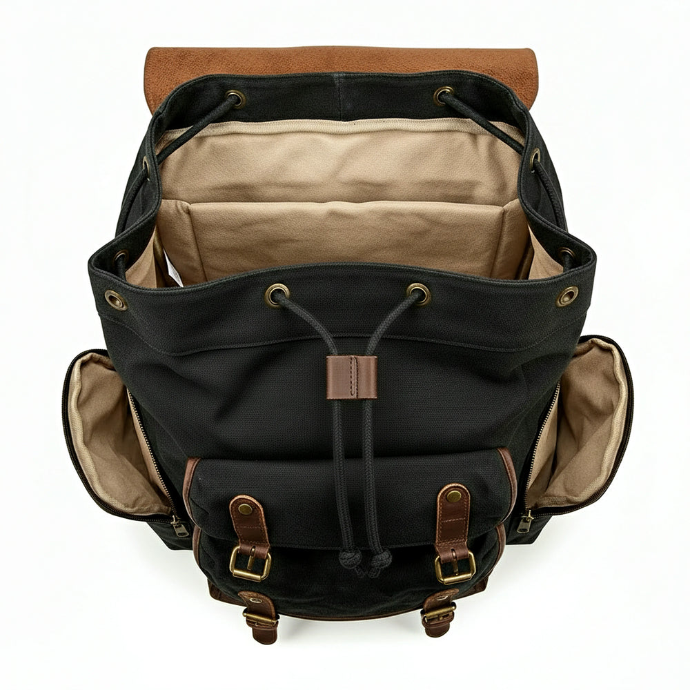 Black backpack with brown accents on a white background